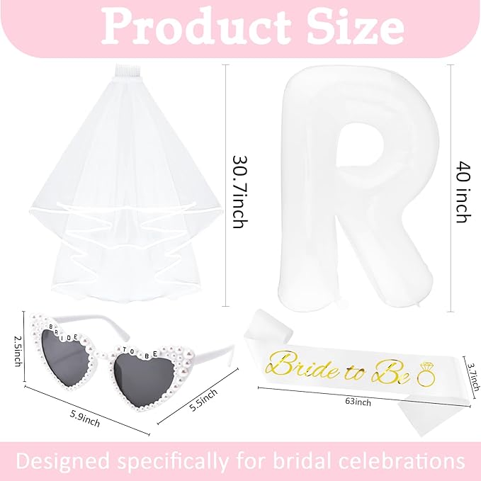 40-Inch BRIDE Balloon & Bridal 4-Piece Set: Bride to Be Pearl Sunglasses, Sash & Veil - Bachelorette Party Decor for Bridal Shower & Wedding Celebrations
