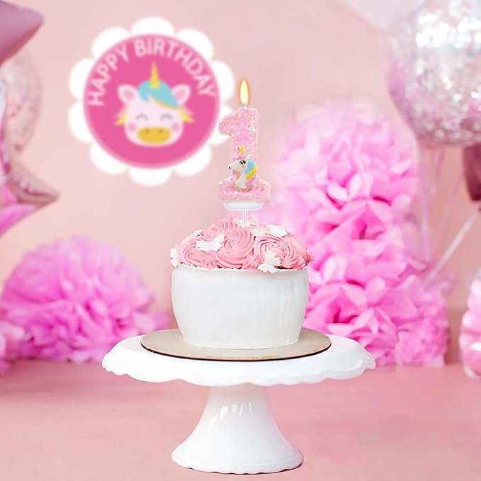 Birthday Candles - Number 1 Candle, First Birthday Decorations for Girl, Pink Candles for Cake Topper, Cartoon Theme Party Supplies