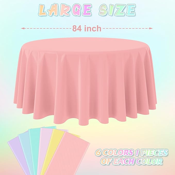 6Pcs Round Pastel Tablecloths, Rainbow Mix Color Plastic Tablecloth Disposable Round Table Covers for Baby Shower,Bridal,Wedding, Easter,Birthday and Ice Cream Party Decoration,84 Inch