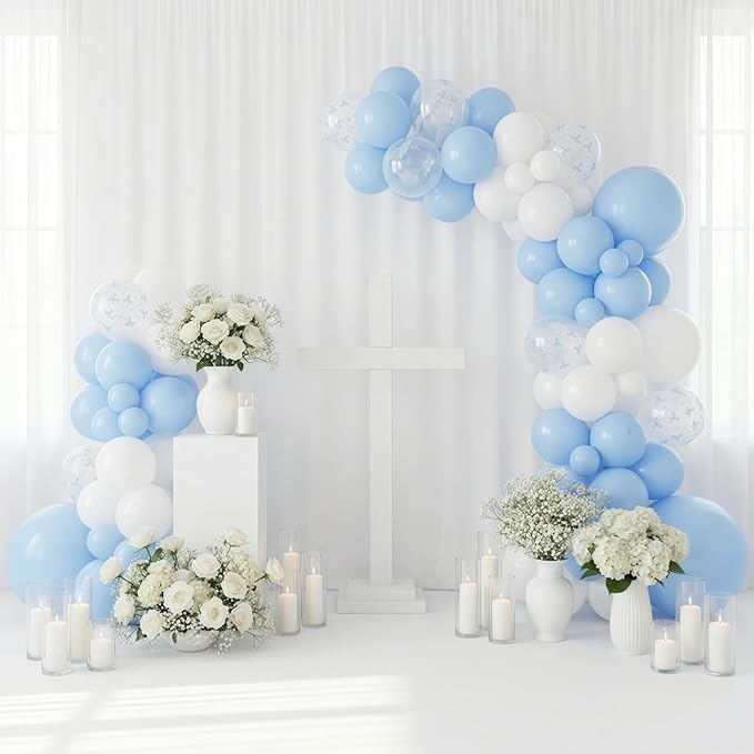 Blue Bow Balloons, 12 Inch Pastel Light Blue Transparent White Bow Print Coquette Balloon for Girls Birthday Bachelorette Party Bridal Baby Shower Wedding Anniversary Decorations Supplies