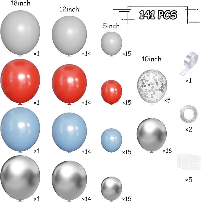 Dusty Blue Gray Red Silver Balloon Arch Kit, 141 Pcs Dusty Blue Retro Grey Metallic Silver Red and Silver Confetti Balloons for Birthday Wedding Baby Bridal Shower