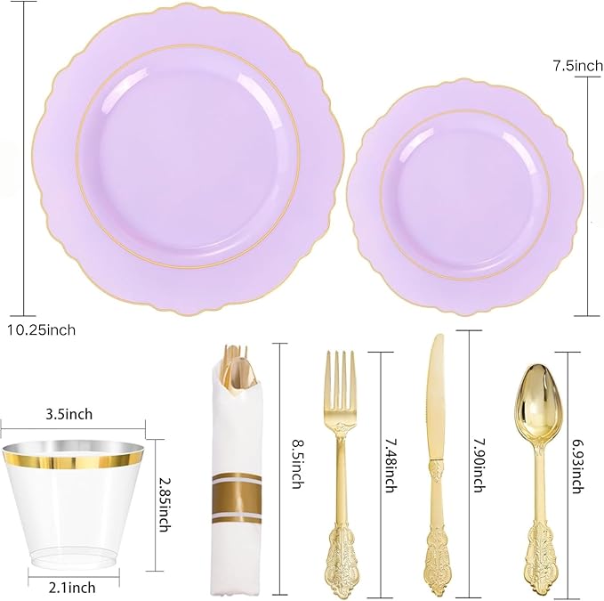 Liacere 350PCS Purple Plastic Plates - Disposable Lavender Plates 50guest Plastic Dinnerware include 100Light purple Plates,50Pack Pre Rolled Napkins Silverware 50Cups for Easter Day