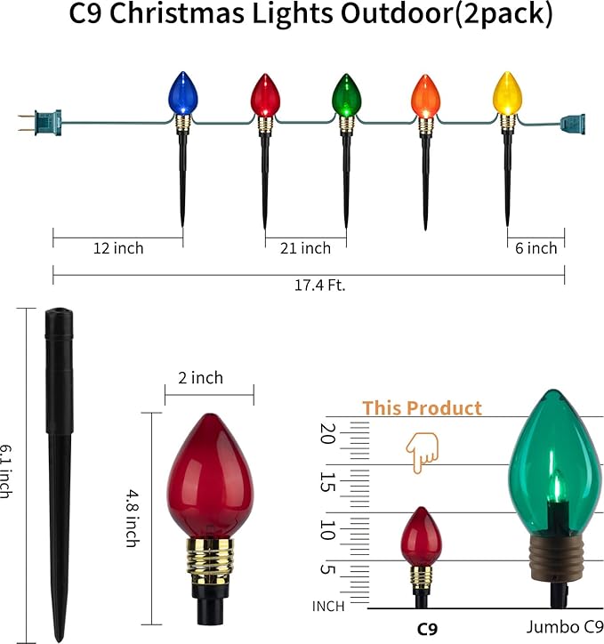 Brightown 4 Pack C9 Christmas Pathway Lights Outdoor, Total 69.6 Ft 40 C9 Pathway Lights, Waterproof Connectable Christmas Walkway Light for Yard Ground Sidewalk Driveway