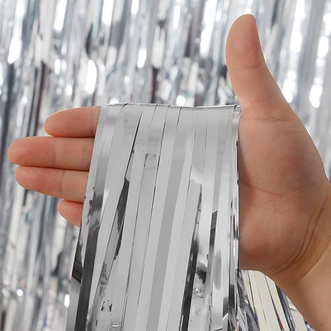 Silver Tinsel Fringe Backdrop Curtains for Parties, Melsan 3.2 x 8 ft Foil Streamer Disco Party Decorations Photo Booth for Birthday, Engagement, Pack of 2
