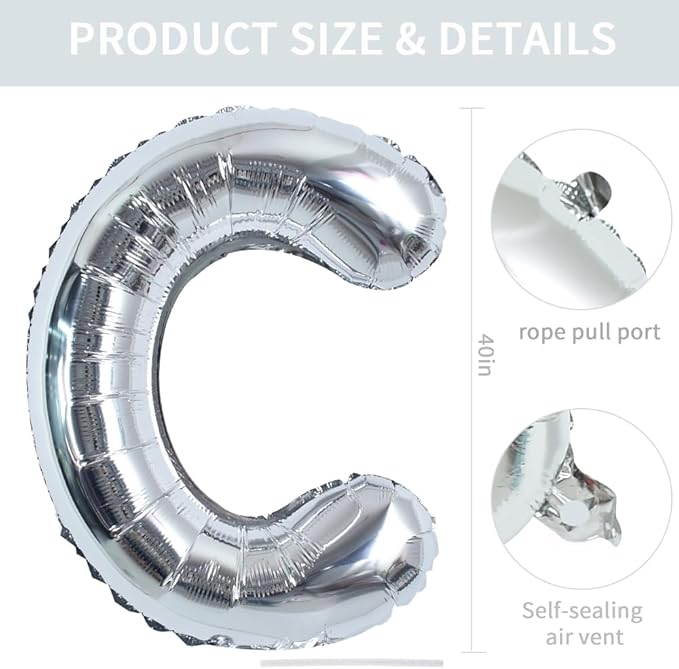 TONIFUL 40 Inch Large Silver Letter C Balloons Helium Balloons,Foil Mylar Big Letter Balloons for 2026 New Year Eve Graduation Wedding Baby Shower Birthday Party Anniversary Supplies Decorations