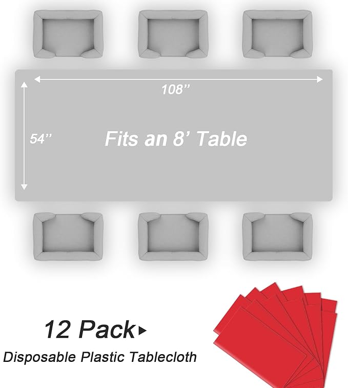 QIKSION Red Plastic Table Cloth Disposable 12 Pack, 54 x 108 Inch Tablecloths for Valentines, Mothers Day, Birthday Party, Christmas Decorations, Rectangle Table Cover
