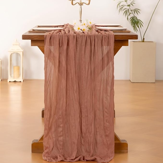 Socomi Dusty Rose Easter Spring Cheesecloth Table Runner Boho Rustic Gauze 120 inch 10FT Cheese Cloth Runner for Wedding Party Baby Shower Birthday Home Decor Holiday Decorations