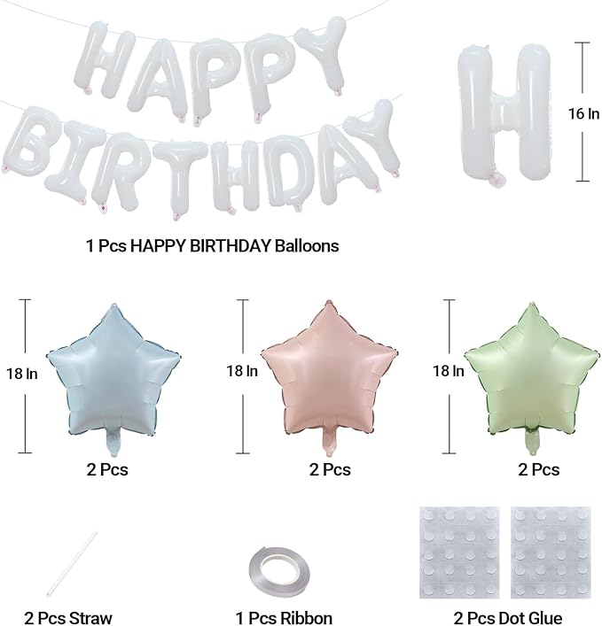 KALOR White Happy Birthday Balloons Kit with 16 Inch Mylar Foil Letters Balloon and Star Balloons for Birthday Party Decorations Photo Booth Backdrop