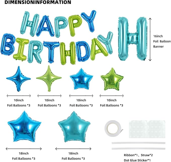 TONIFUL 35PCS Blue Green Happy Birthday Decorations Kit 16 Inch Happy Birthday Balloon Banner with Star Balloons Mylar Foil Birthday Party Decorations Supplies for Men Women Adults Girls Boys Kids