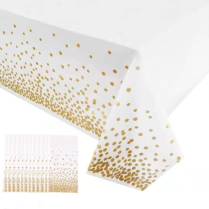 Yancorp 12 Pack Tablecloth for Rectangle Tables Gold Dot Disposable Tablecloths Plastic Tablecloth Party Table Covers for Birthday Thanksgiving Christmas Wedding Outdoor BBQ