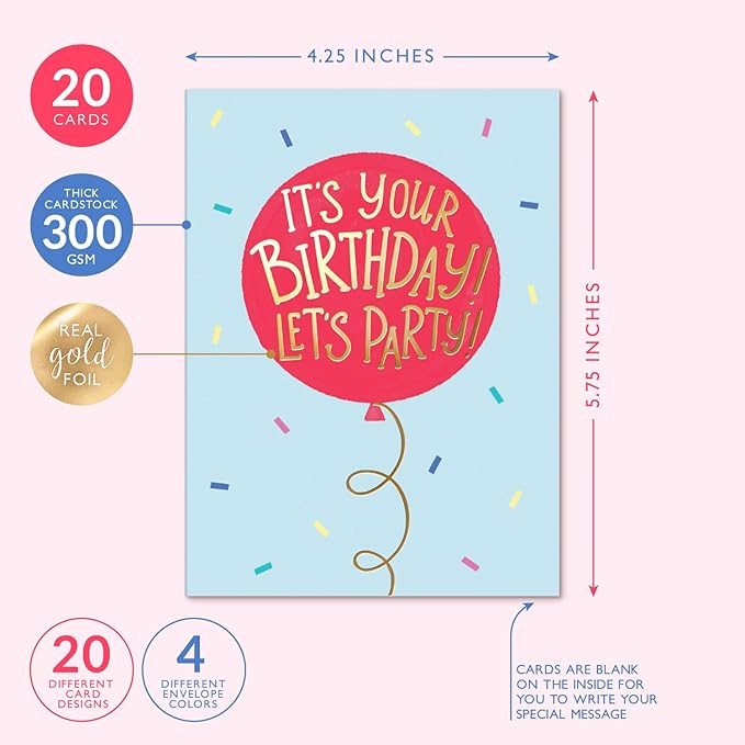 Sweetzer & Orange Happy Birthday Cards with Envelopes & Assortment Box. Variety Set of 20 Assorted Birthday Cards with Envelopes, Perfect Bulk Pack for Celebrations, Special Occasions, Friends