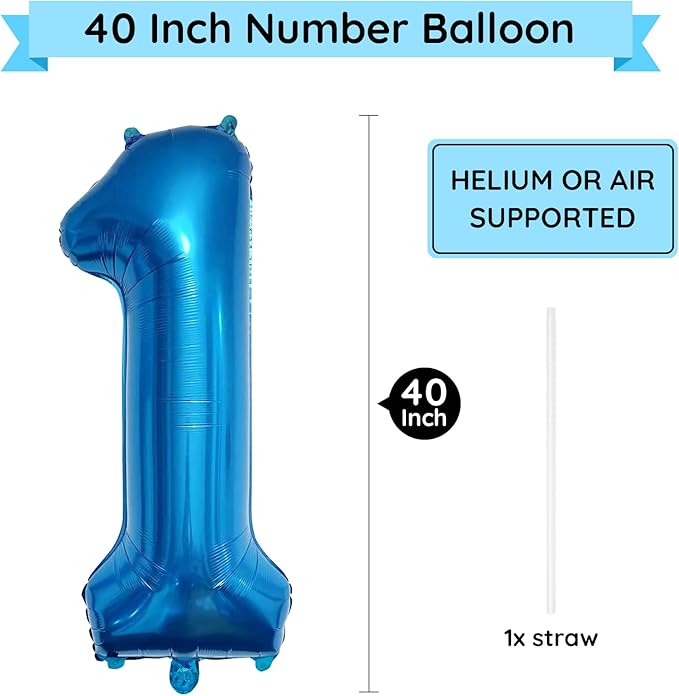 40 Inch Blue Number Balloon 1, Large Number Foil Balloons Mylar for Girl Boy Birthday Party Celebration Decorations Supplies, Digital Balloons for Wedding Anniversary Events Decorations
