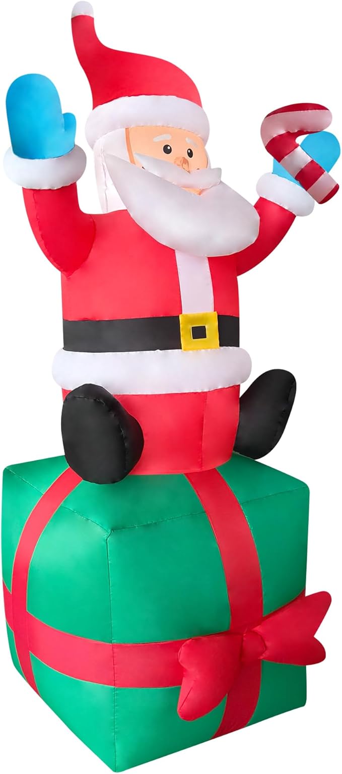2 Packs 6FT Inflatable Christmas Santa Claus on Gift Box and Gingerbread Man Blow Up Decor for Christmas Outdoor/Doorway/Lawn Decor/Yard Party Decoration