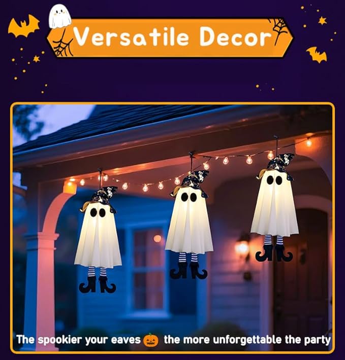 2025 New Halloween Hanging Ghosts, 18" Halloween Decorations Outdoor Hanging Ghosts with Witch Hat,Glowing Witch Hat Ghost with High Heels,for Yard Patio Garden Tree Outside(2PCS)