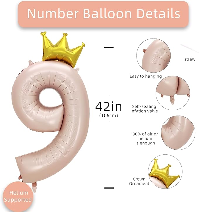 AULE 40 Inch Big Pink 9 Balloon Number with Crown Large Foil Helium Number Balloons 0-9 Jumbo Giant Happy 9th Birthday Party Decorations Huge Mylar Anniversary Party Supplies