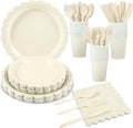 175 Pcs Ivory Paper Plates and Napkins, Beige Party Supplies Include Scalloped Cream Plates Napkin Cup Plastic Cutlery for Wedding, Bridal&Baby Shower, Birthday