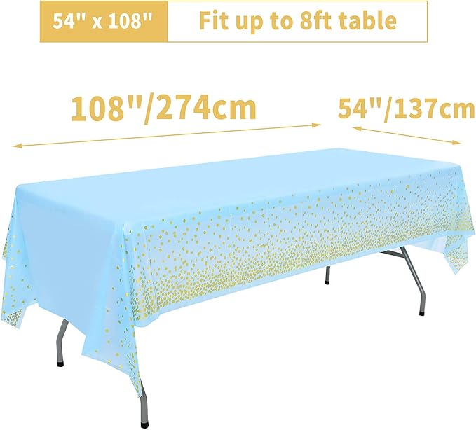 Blue and Gold Tablecloths for Party 2 Pack - 54x108 inch Gold Dot Confetti Disposable Rectangular Plastic Table Cover for Baby Shower Boy Birthday Engagement Wedding Gender Reveal BBQ Party