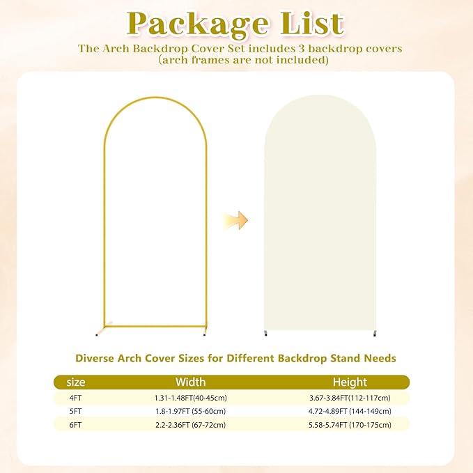 3-Piece Arch Backdrop Cover, Stretchy Spandex Wedding Arch Covers 4FT, 5FT, 6FT for Round Chiara Arch Stand, Beige Arch Cover for Photo Background Happy Birthday Party Banquet Ceremony Decor