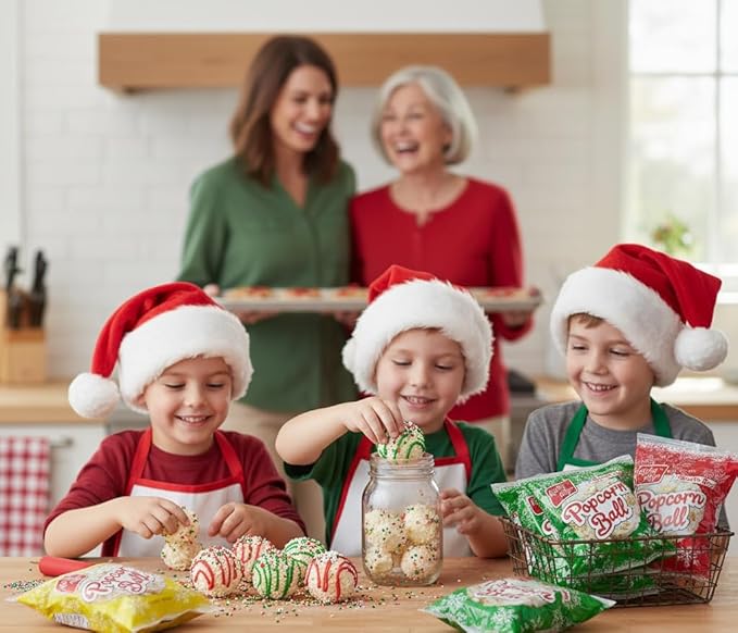 Fun Express Christmas Popcorn Ball Snack Packs - 18 Individual Bags of Sweet Holiday Treats | Perfect Stocking Stuffers, Party Favors & Goodie Bag Fillers for Kids & Adults | Festive Red & Green