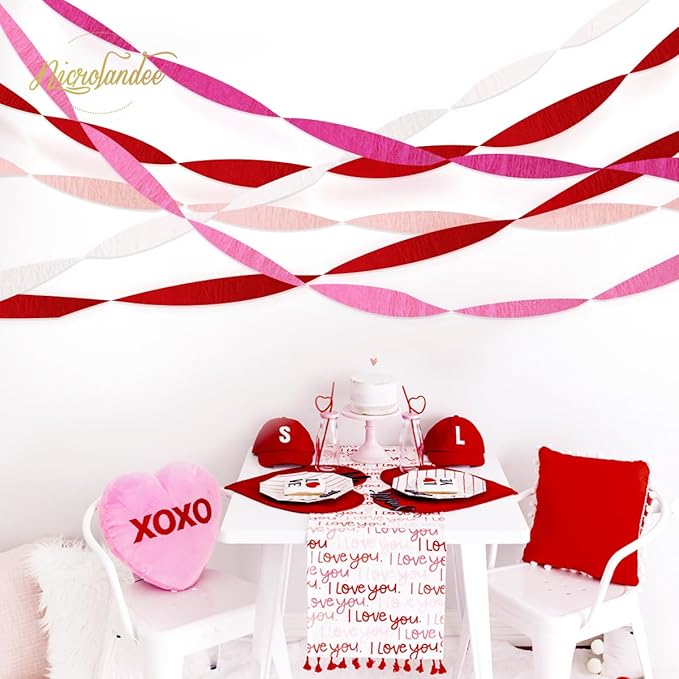 NICROLANDEE 5 Rolls Pink Red White Crepe Paper Streamers for Wedding, Birthday, Valentine's Day Decorations, Bachelorette, Bridal Baby Shower, Backdrop or Photo Booth