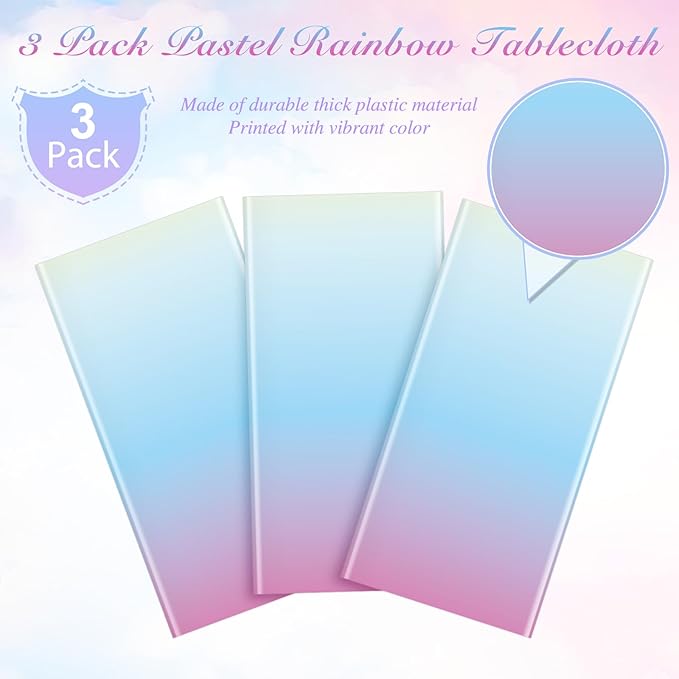 3 Pack Pastel Rainbow Plastic Tablecloth Party Decorations, Pastel Disposable Table Covers for Rectangle Tables, Rainbow Table Cloth for Easter Birthday Baby Shower Wedding Party Supplies, 54x108Inch