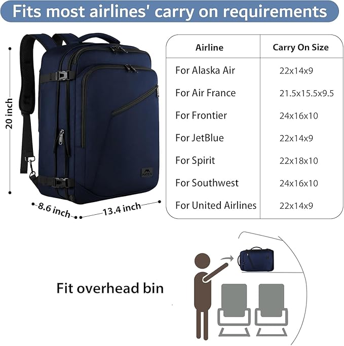MATEIN Extra Large Mens Travel Backpack Carry on, Expandable Traveling Backpack for Men Airline Approved, Water Resistant Business Casual Daypack, Traveler Gift, Blue