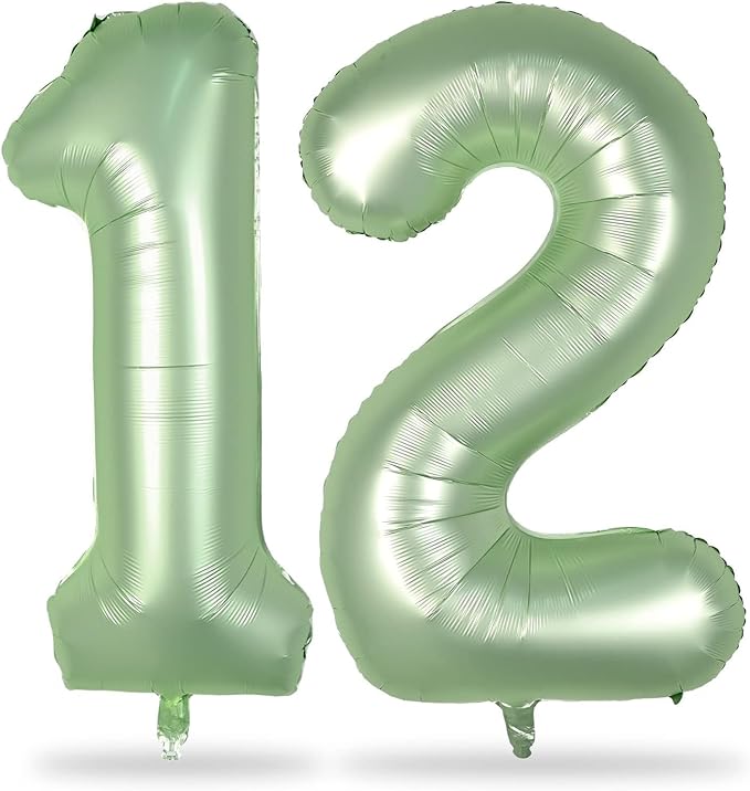 Sage Green Balloon Numbers 12, 40 Inch Big Foil Mylar Number 1 & 2 Helium Balloons, Olive Green 12th Birthday Balloons for Girls Women 12th 21st Jungle Birthday Anniversary Party Decorations Supplies
