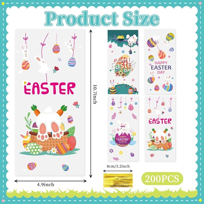 Easter Goodie Bags, 200 PCS Easter Cellophane Treat Bags, Easter Cookie Snack Candy Party Favor Ziplock Cookie Bags Holiday Candy Bags Easter Plastic Gift Bags for Gift Giving Easter Decorations