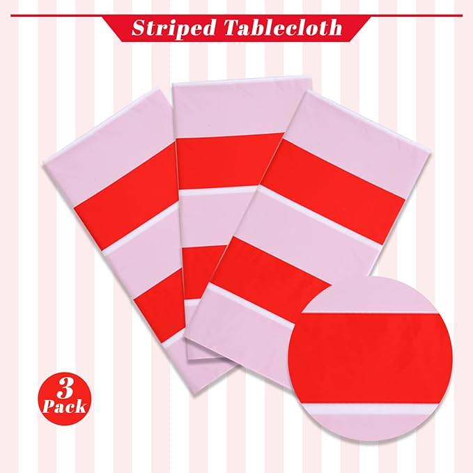 Kesfey 3 Packs Red and White Vertical Striped Tablecloth 54 x 108 Inch Circus Carnival Theme Party Table Cloths Decorations Waterproof Red Striped Picnic Table Cover for Patriotic Birthday Party