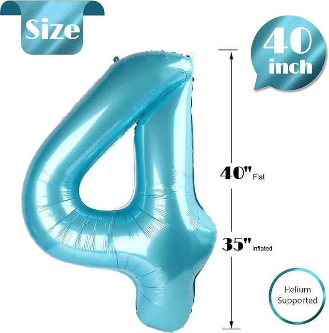 Pearlescent Blue Number 4 Balloon 40 Inch, 4 Balloon Number, 4th Birthday Decorations, Pearlescent Blue Party Supplies for Boys Girls