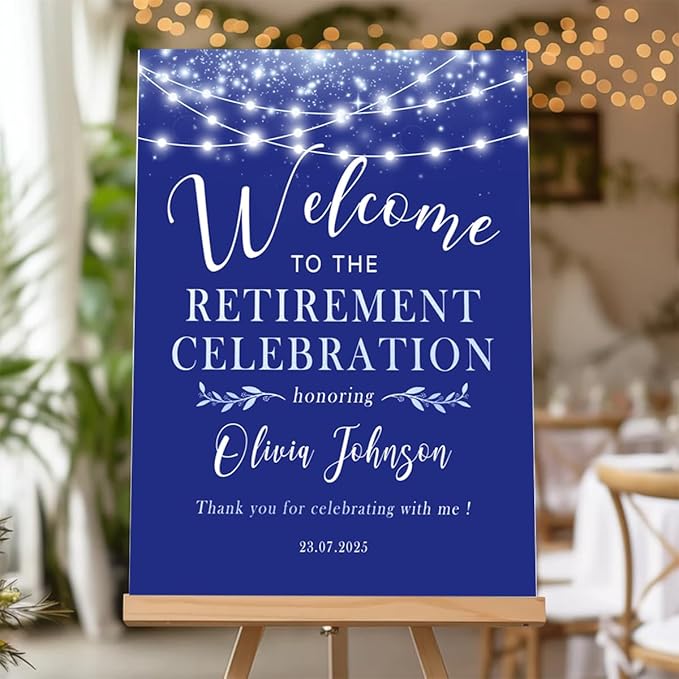 Retirement Celebration Party Welcome Sign, Gold Confetti on and Garland Lights on Navy Retirement Celebration Yard Sign, Customizable Name & Date - Multiple Sizes