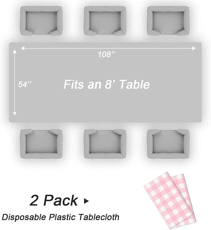 QIKSION Pink Gingham Tablecloth Disposable 2 Pack, 54 x 108 Inch Pink and White Checkered Table Cloth for Baby Shower, Easter, Mothers Day Decorations, Birthday Party, Rectangle, Plastic Table Cover
