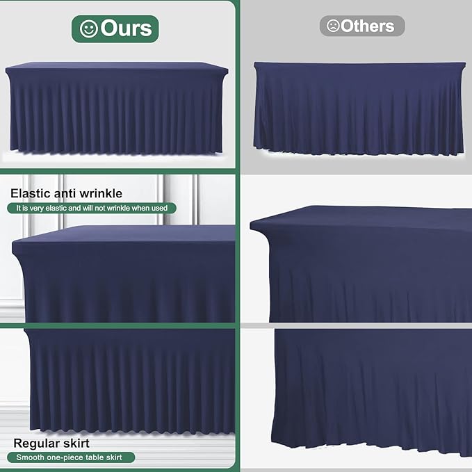 Table Skirt for 4 Foot Tables - One-Piece Navy Blue Tablecloths and Skirt, Wrinkle Resistant Ruffles Elastic Cover for Banquets, Weddings, Events, Parties