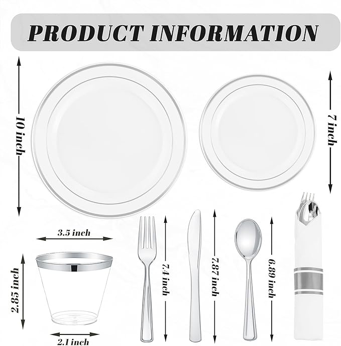 175PCS Sliver Plastic Plates - Silver Plates Disposable - White Plate with Silver Trim 25Guests Plastic Dinnerware Sets with Rolled Napkins for Wedding Baby Shower Spring Birthday