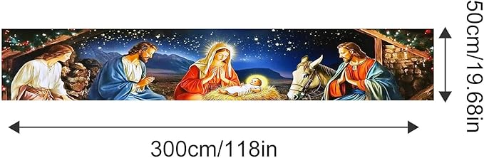 Nativity Scene Decorations Banner Polyester Fabric Holy Family Manger Design for Indoor Outdoor Garden Fence Banner Party Outdoor Porch sign 118x20 Inch Supplies Banners