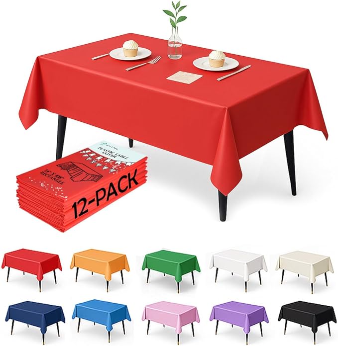 Craft And Party 12-Pack Red Plastic Tablecloths – 54 x 108 Inch Disposable Table Covers for Rectangle Tables, Heavy Duty & Waterproof for Parties, Events, Banquets, Red