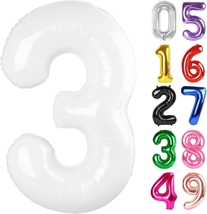 White Number 3 Balloon 40 Inch, 3rd Birthday Celebration Supplies for Girls Boys Women Men, 3 Balloon for Girls Boys Theme Party