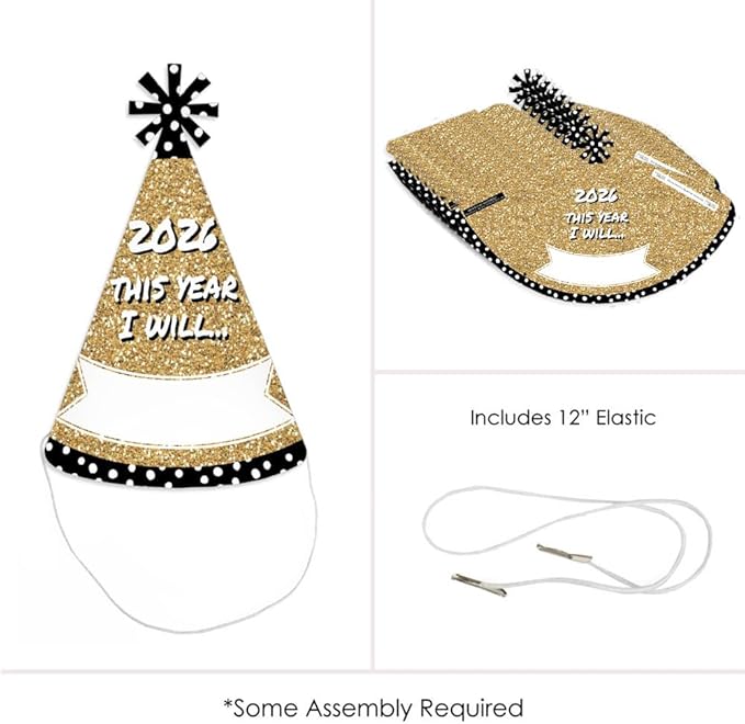 Big Dot of Happiness Pop, Fizz, Clink! - Cone Party Hats - 2026 New Year's Eve Resolution Cone Party Hat for Kids and Adults - Set of 8 (Standard Size)