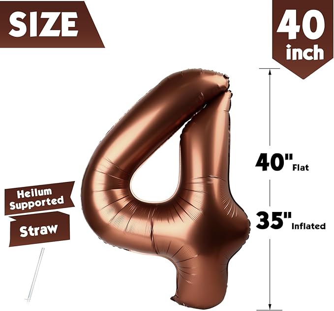 40 Inch Coffee Brown Number 4 Balloon, Giant 4 Number Balloons for 4th Birthday Decorations, Party Supplies for Baby Boy Girl, Coffee Brown Party Decor