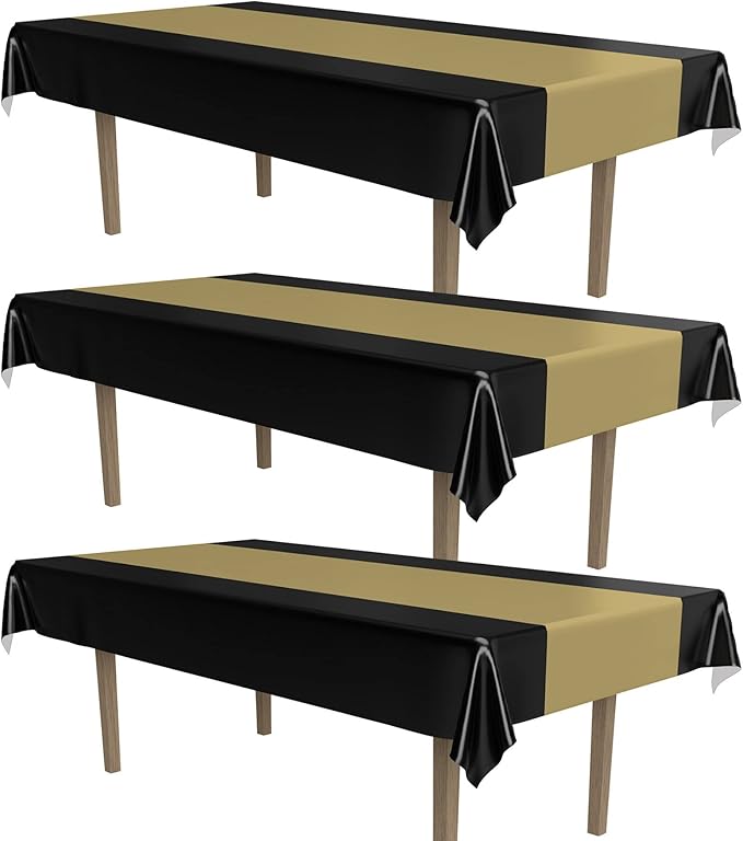 Beistle Black & Gold Striped Tablecovers, 54” x 108”, 3 Pieces – Plastic Table Cloth, Rectangular Tablecloth, Table Covers for Party, Graduation Tablecloth, Awards Night Decorations