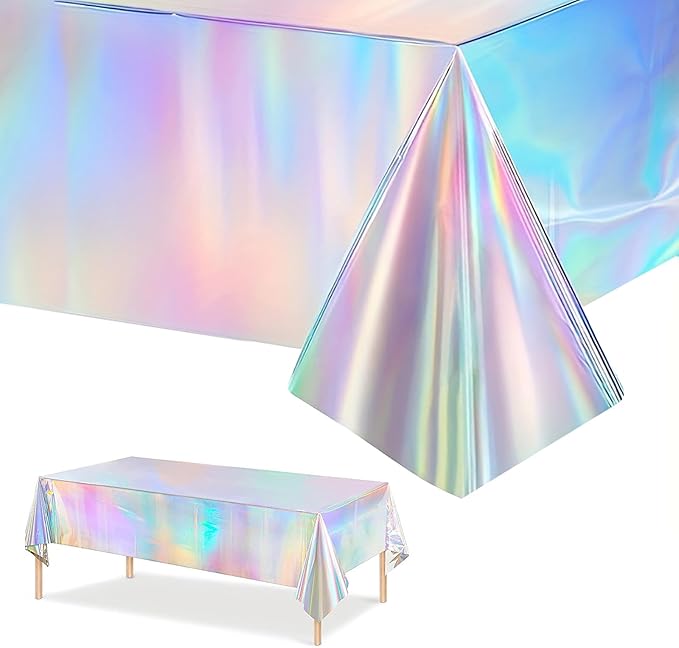 3-Pack Iridescent Plastic Tablecloths, Holographic Glittering Foil Disposable Tablecloths, 54 inches x 108 inches, Suitable for Birthday, Wedding, and Holiday Party Decorations