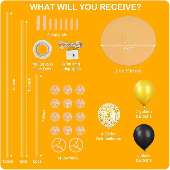 Ainiv 2 Set Table Balloon Stand Kit with Lights, Light Up Balloon Holder Include 16 Black Gold Latex Confetti Balloons, Graduation Party Decorations for Birthday, Weddings, Anniversary, Christmas