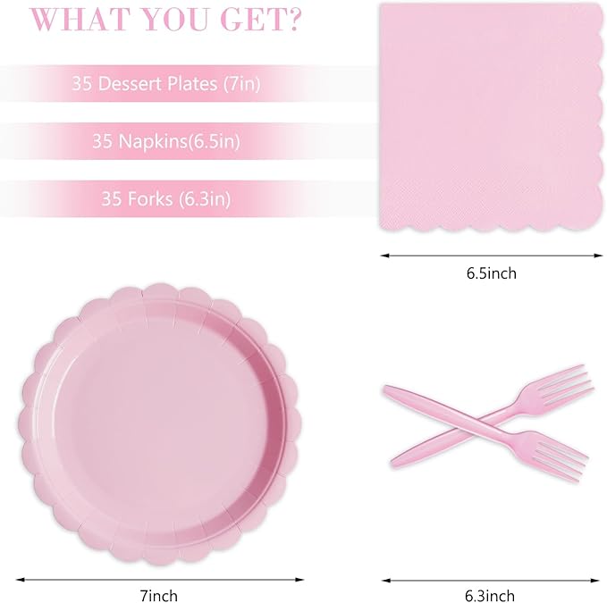 105PCS Paper Plates and Napkins Set,7 Inch Scalloped Disposable Tableware with Forks for Birthdays, Garden Parties & Outdoor Events,Serves 35 (Light Pink)