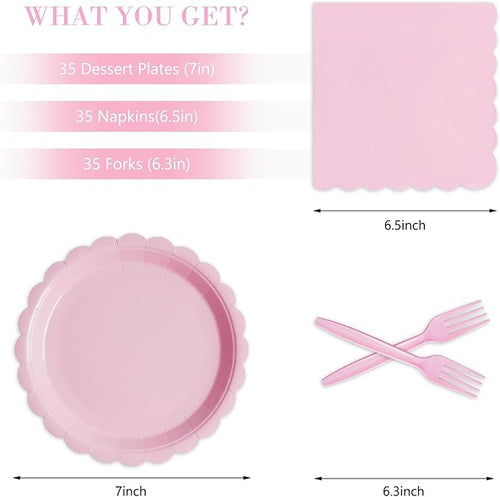 105PCS Paper Plates and Napkins Set,7 Inch Scalloped Disposable Tableware with Forks for Birthdays, Garden Parties & Outdoor Events,Serves 35 (Light Pink)