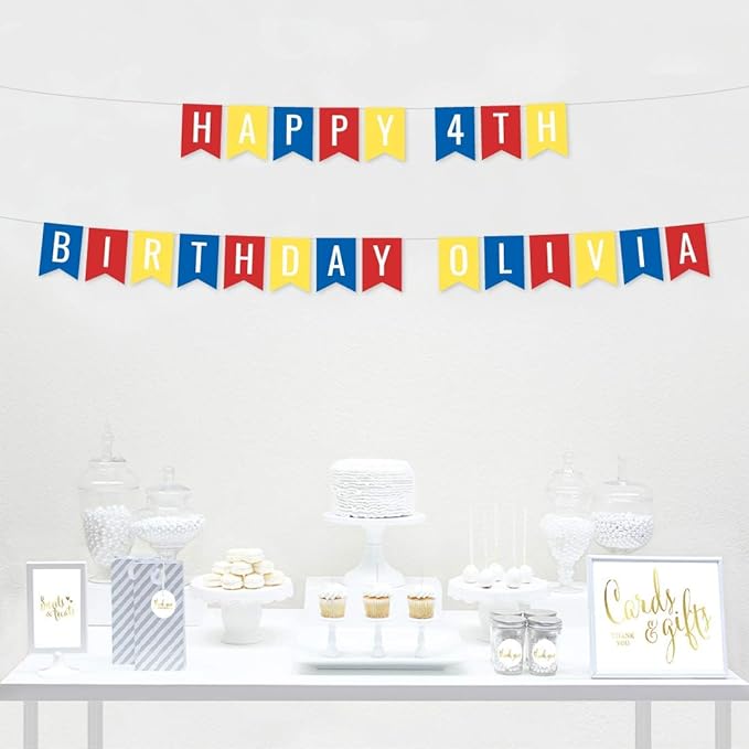 Andaz Press Personalized Hanging Pennant Banner Party Decorations, Red, Yellow, Royal Blue, Happy 4th Birthday Olivia, 1-Pack, Approx. 5-Feet, Custom Name and Number