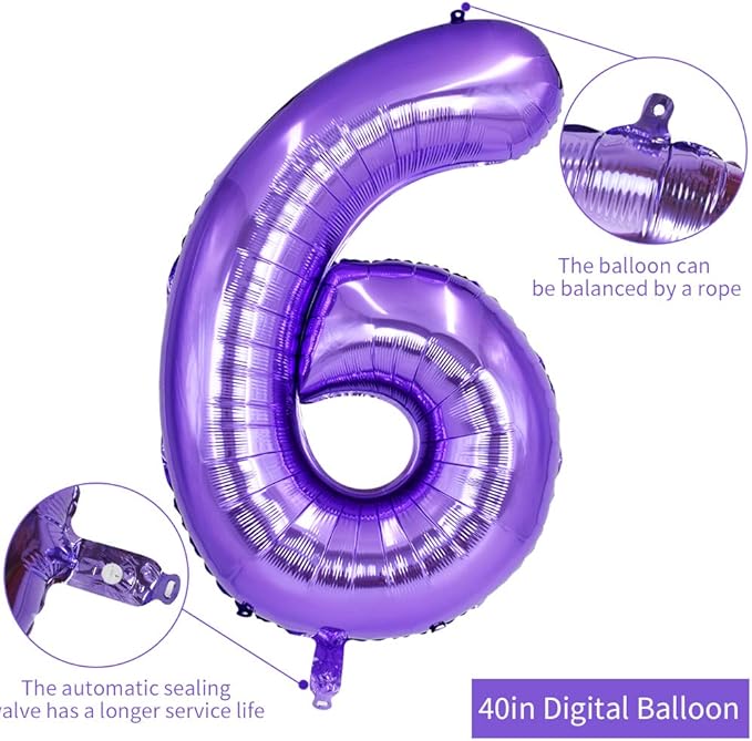 TONIFUL 40 Inch Purple Large Numbers Balloon 0-9 Birthday Party Decor,Foil Mylar Big Number Balloon Digital 6 for Birthday Party,Wedding, Bridal Shower Engagement Photo Shoot, Anniversary