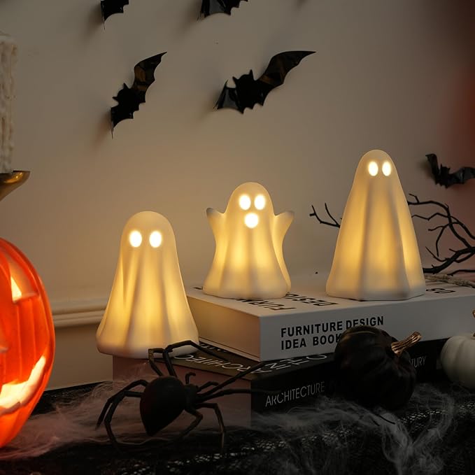 [Timer]Light Up Ghost Halloween Decor, 3 Pack Ceramic Halloween Ghost Decorations Indoor, Ceramic White Ghost Figurines Ghost Statue Cute Ghost Sculpture Spooky Halloween Decor for Home Table Tray