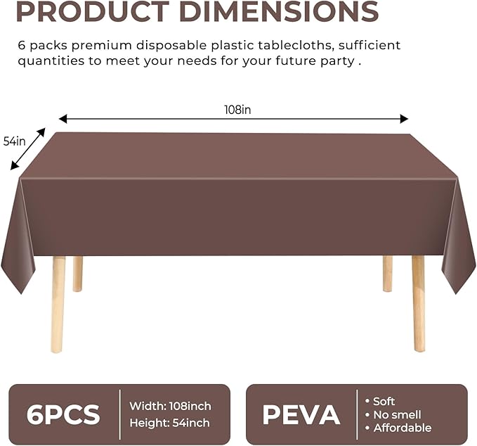 6 Pack Premium Disposable Plastic Tablecloth 54" x 108" Party Table Cloths Disposable for 6 to 8 Foot Tables Indoor or Outdoor Birthdays Weddings Christmas Anniversary Buffet Table (Brown)