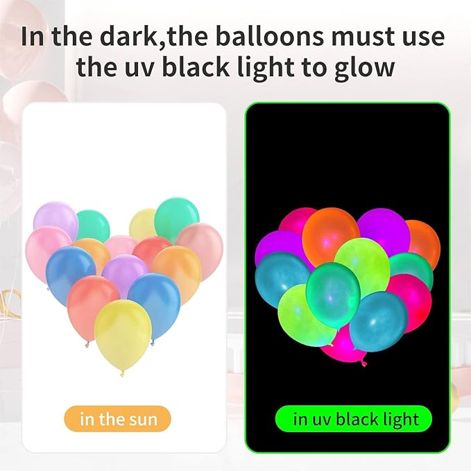 300 Pcs UV Neon Balloons, Neon Glow Party Balloons UV Black Light Balloon Glow in the Dark for Birthday Decorations Wedding Glow Party Supplies Blacklight Reactive Fluorescent Balloons
