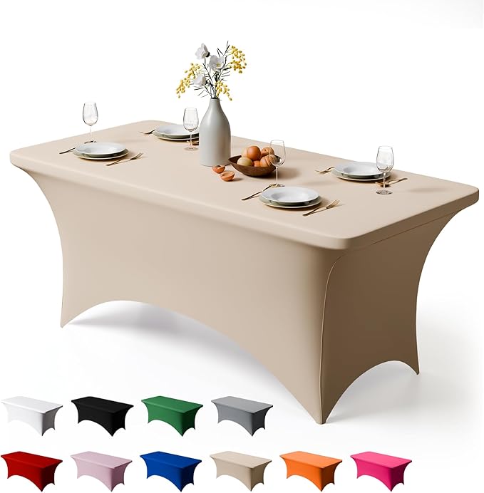 Trlyc 1 Pack 8FT Spandex Table Cloth - 96 x 30 Inch Rectangular Stretch Tablecloth, Wrinkle Resistant Scretch Table Cover for Wedding, Party, Banquet, Picnic, Outdoor Decoration (1Pcs,Champagne)